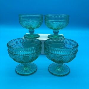Set of 4 Pioneer Woman Adeline Teal Glass Footed Dessert Bowls, 13oz Sundae Cups